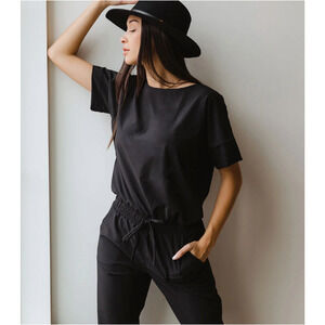 Albion Everyday Athletic Short Sleeve Jumpsuit One Piece Romper Black Medium